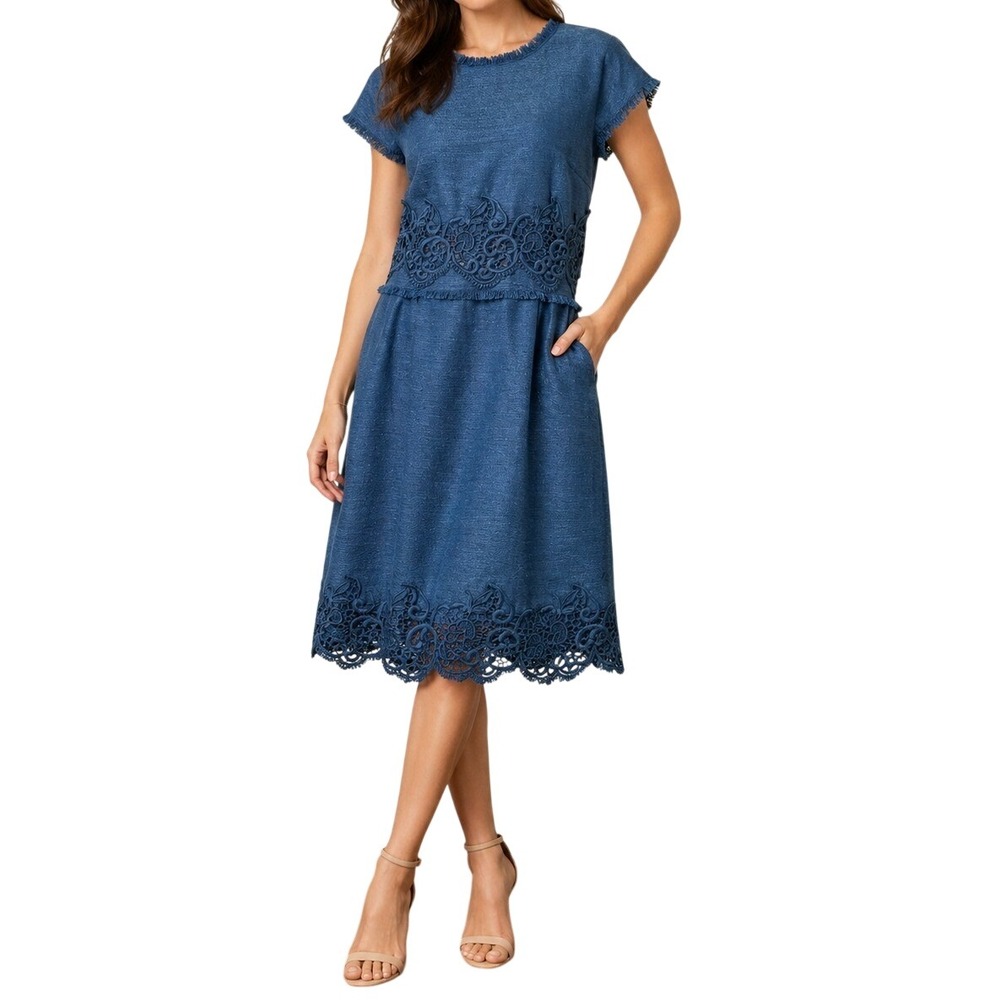 Ashro Teal Blue Lace Applique Fringe Trim Textured Sheath Dress Womens 16